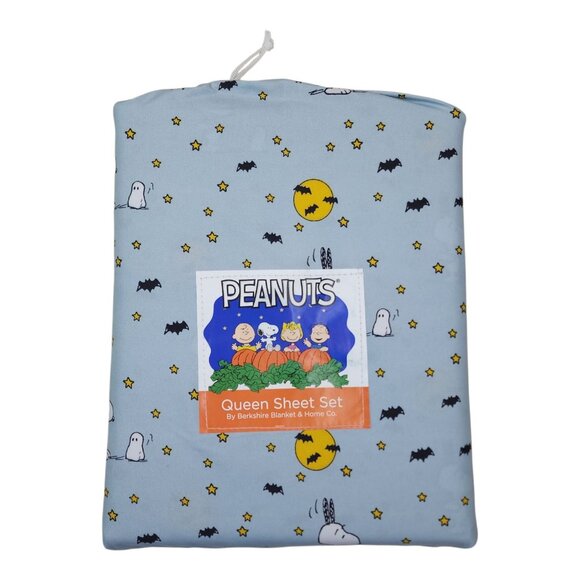 Peanuts Snoopy Halloween Fall Queen Sheets By Berkshire Ghosts Bats Stars Blue - Picture 8 of 8